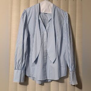 Who What Wear Striped Button down blouse with tie neck EUC